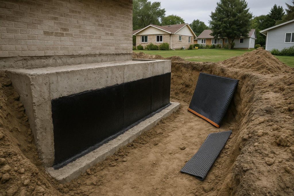 Exterior foundation wall of a North Bay home being waterproofed with rubberised membrane applied