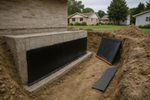 Exterior foundation wall of a North Bay home being waterproofed with rubberised membrane applied