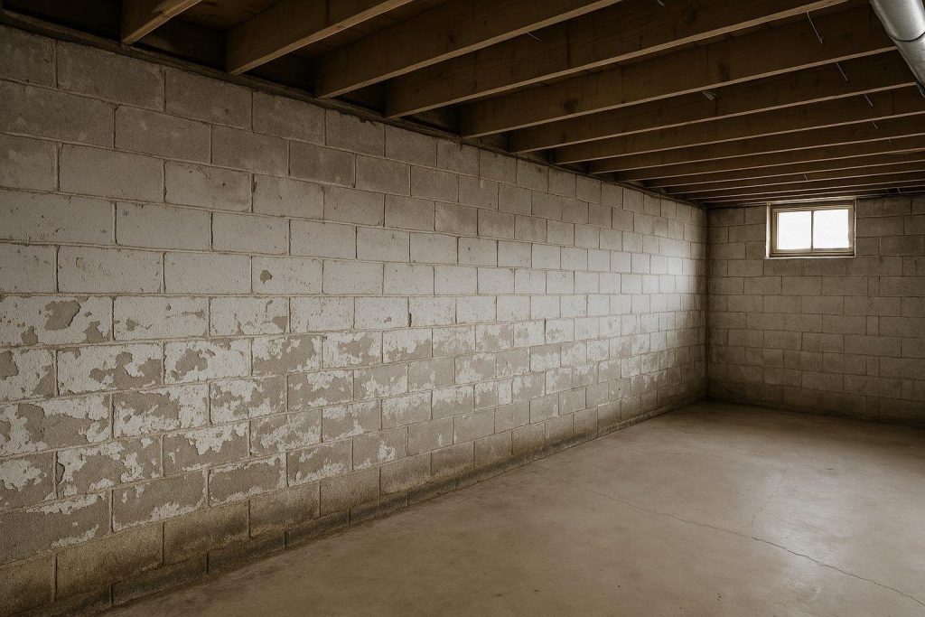 Damp poured-concrete basement wall with peeling paint and visible efflorescence in an Ontario home