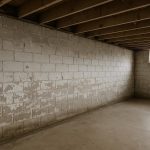 Damp poured-concrete basement wall with peeling paint and visible efflorescence in an Ontario home