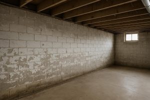 Damp poured-concrete basement wall with peeling paint and visible efflorescence in an Ontario home