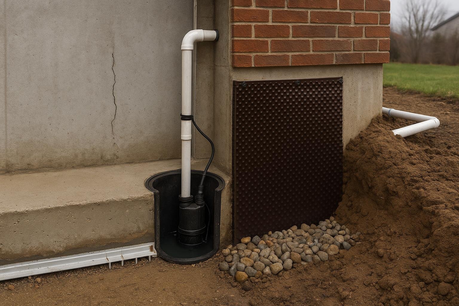 Cross-section diagram comparing interior drainage system and exterior waterproofing membrane on foundation