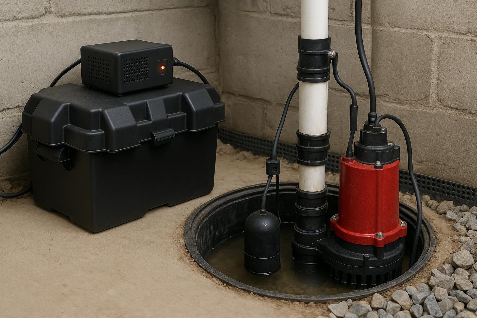 Battery backup sump pump unit installed beside primary pump in pit