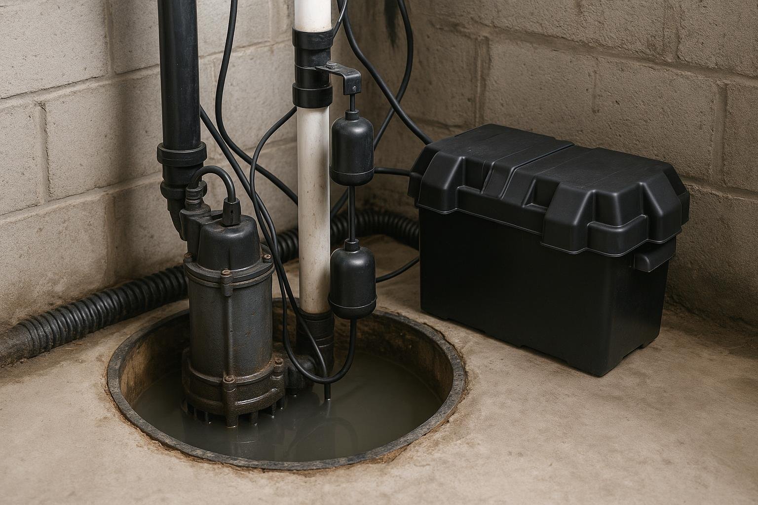 Battery backup sump pump beside primary pump inside open sump basin