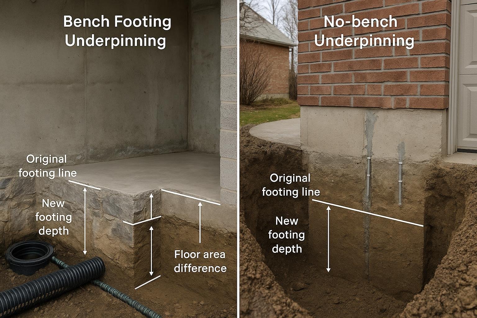 Cross-section diagram comparing bench footing and no-bench underpinning methods below original footing
