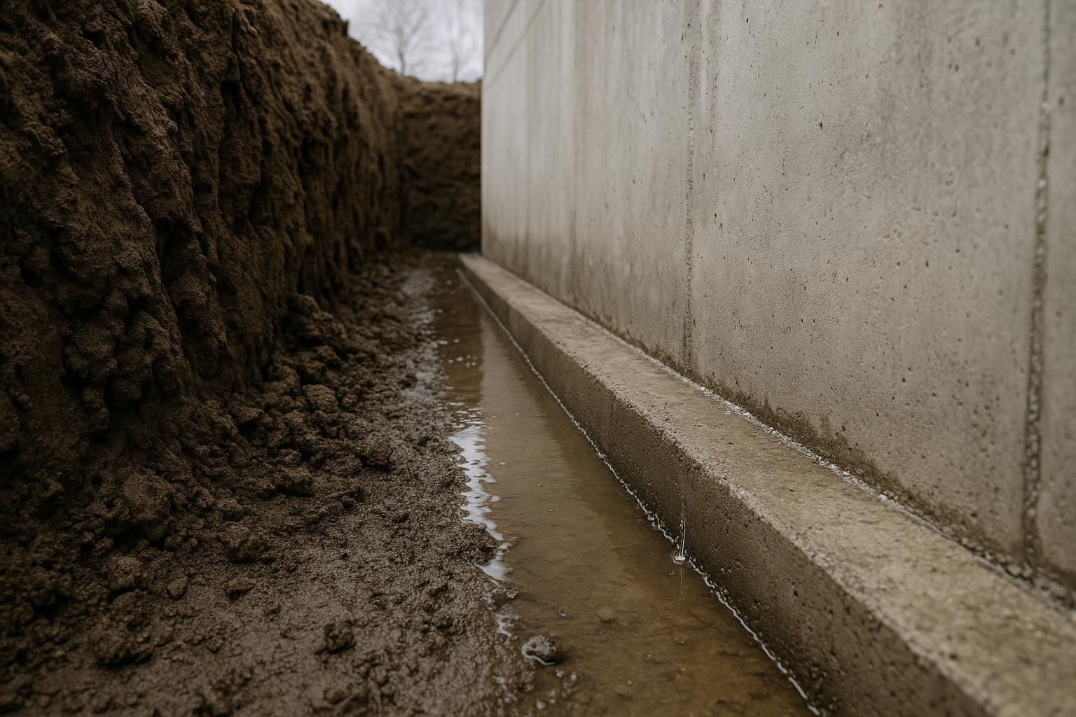 Cross-section view of saturated clay soil pressing against a concrete foundation wall beside a footing