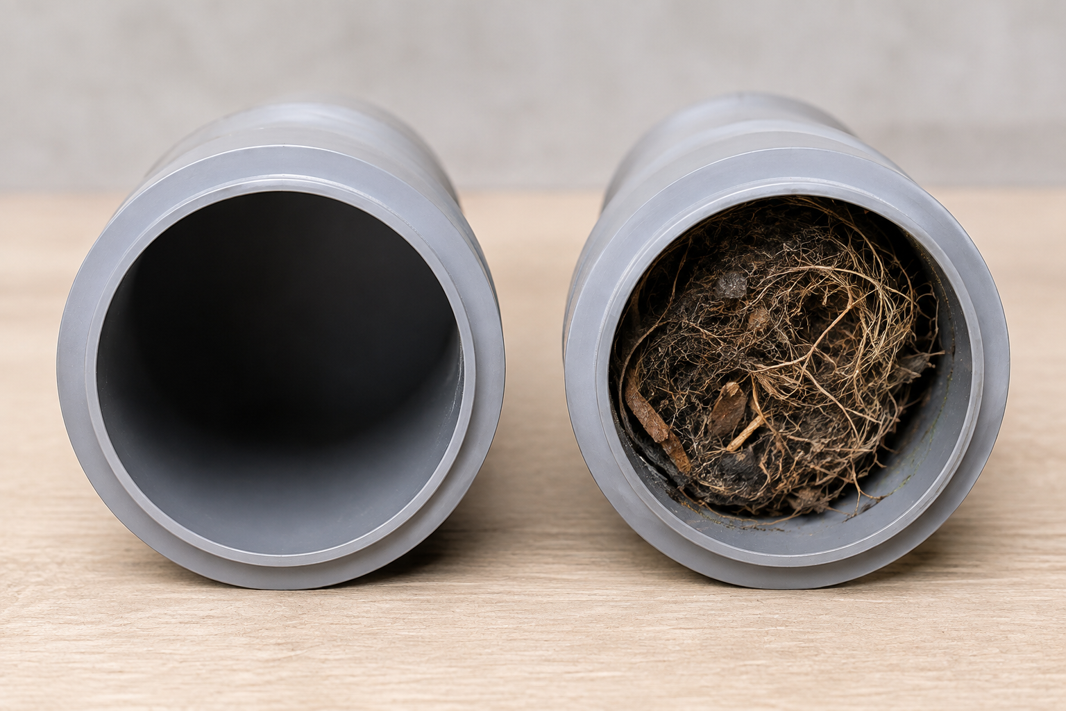 Separate pipe samples showing clear flow space and roots with debris