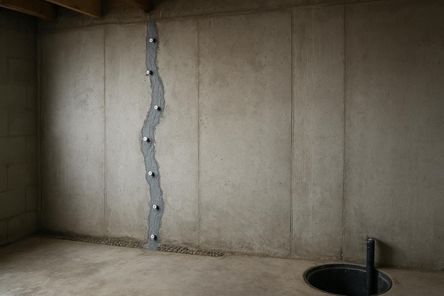 Completed polyurethane crack injection repair with sealed ports on basement wall