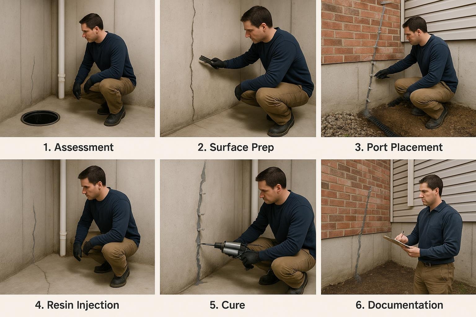 Six-step process graphic showing professional polyurethane crack injection stages in a basement