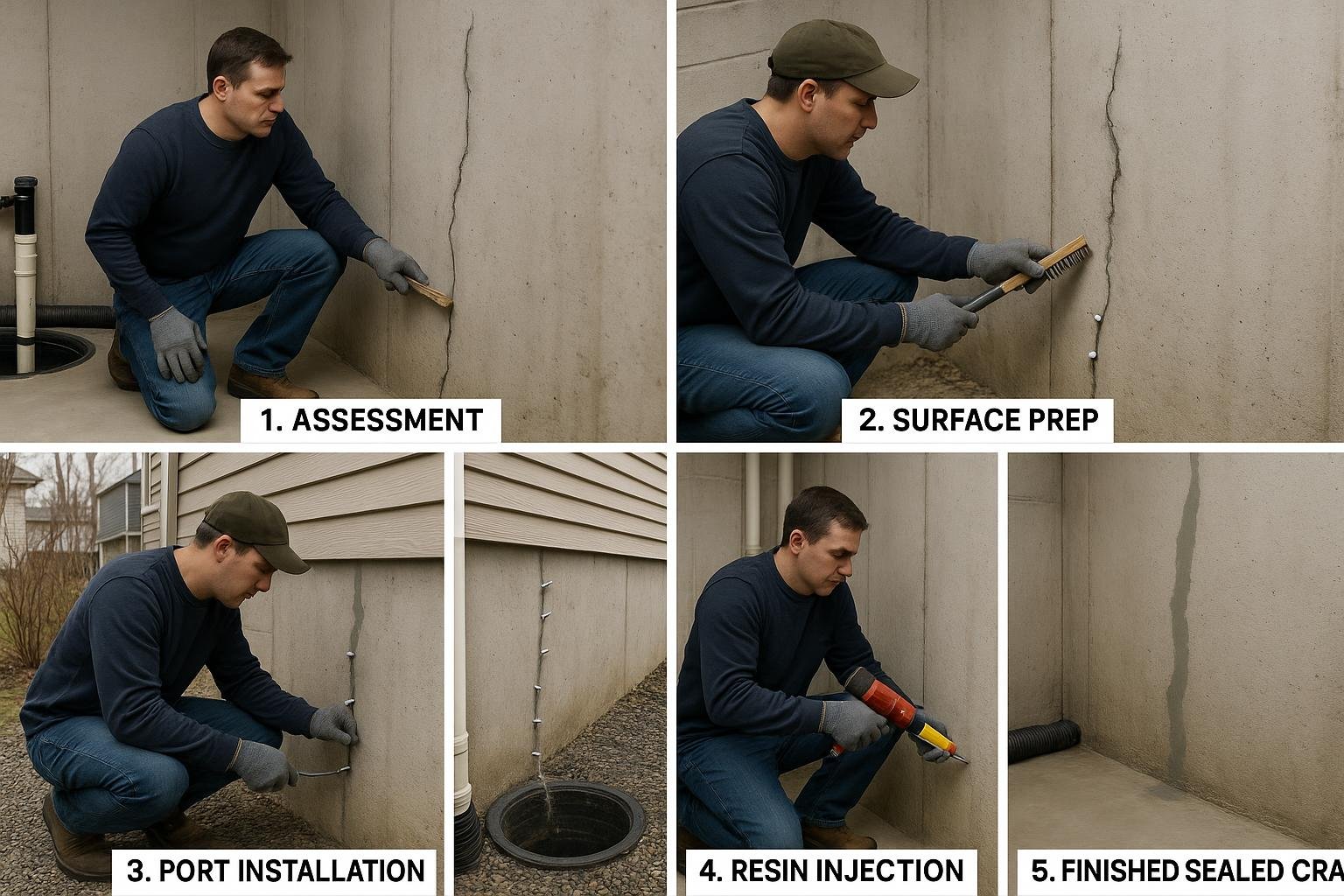 Five-step professional foundation crack injection process illustrated in sequence