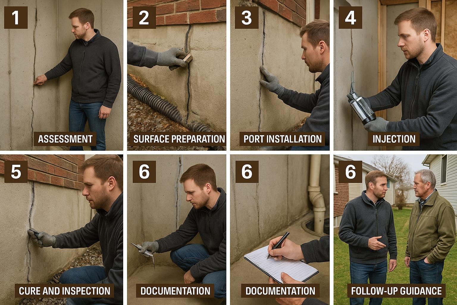 Step-by-step graphic of professional foundation crack injection repair process