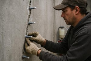 Technician installing polyurethane injection ports on a poured-concrete basement wall crack