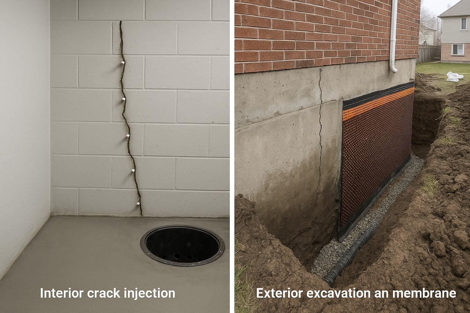 Diagram comparing interior crack injection and exterior foundation membrane repair methods