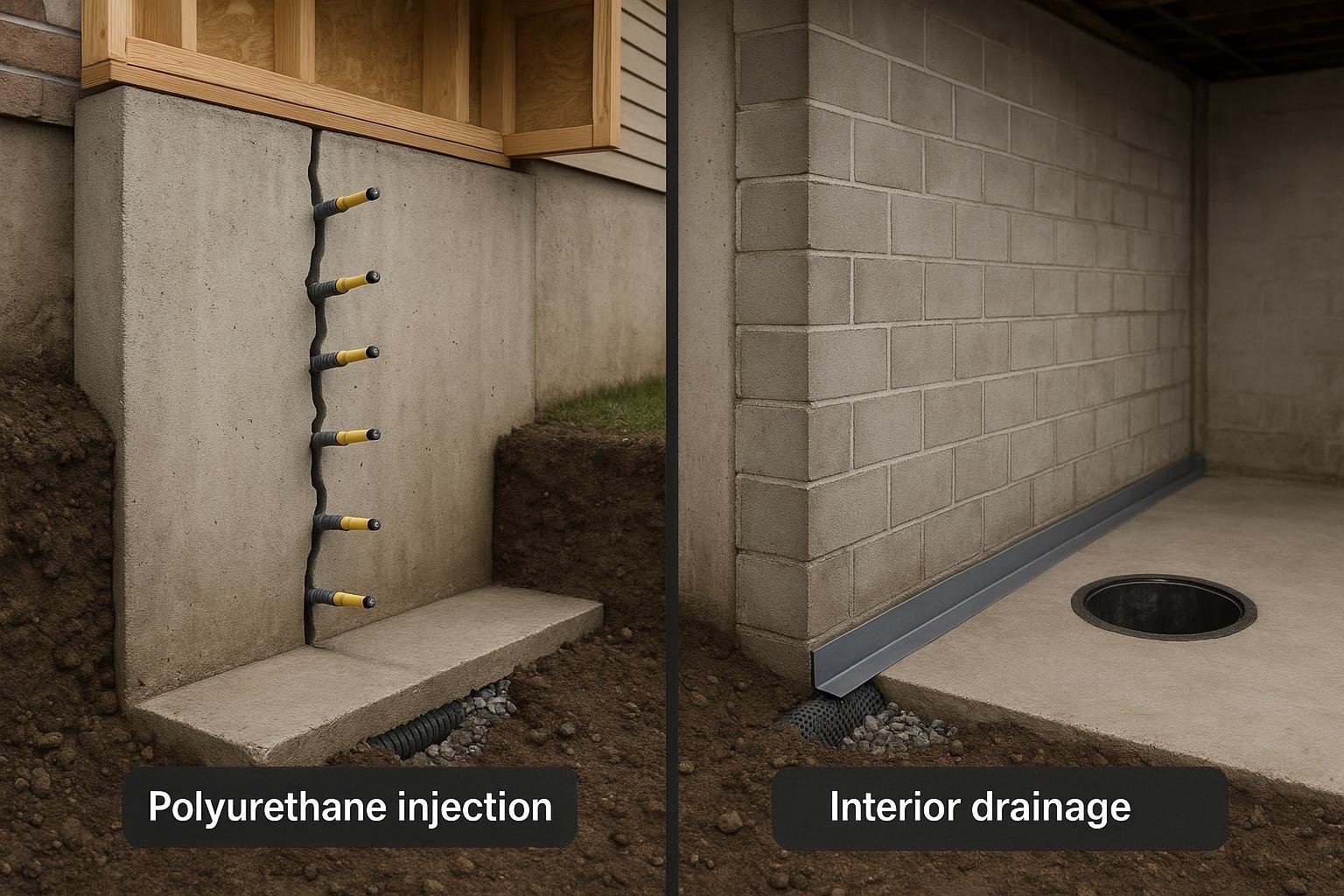 Diagram comparing polyurethane injection and interior drainage repair methods