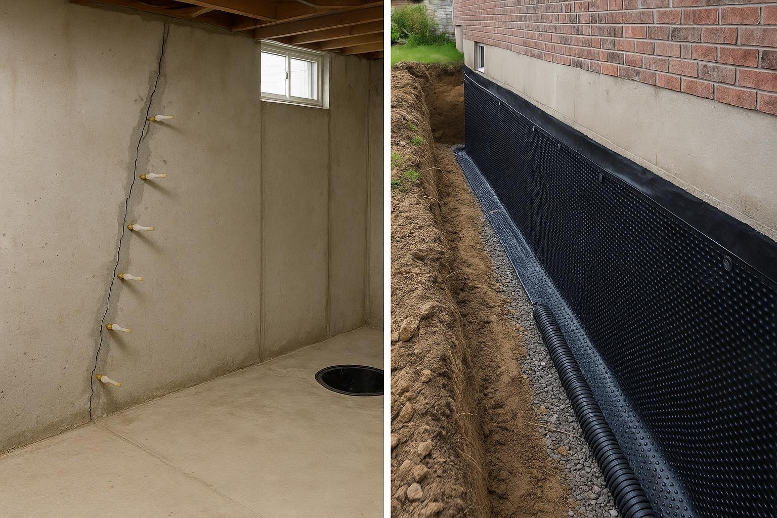 Polyurethane injection ports beside exterior membrane waterproofing on foundation wall