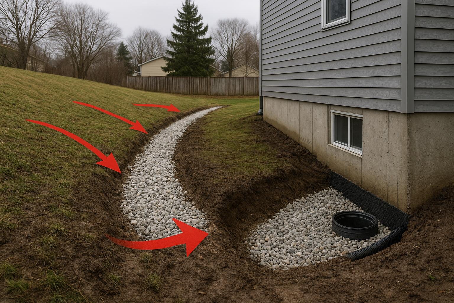 Curtain drain on sloped lot intercepting surface water before it reaches the foundation
