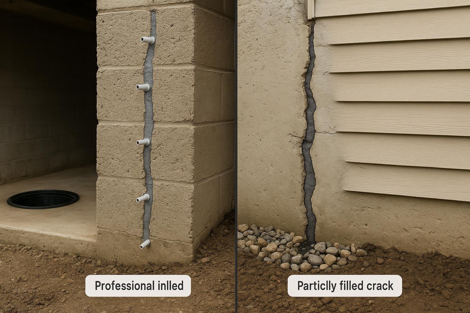 Cross-section comparison of full professional fill versus partial DIY crack fill