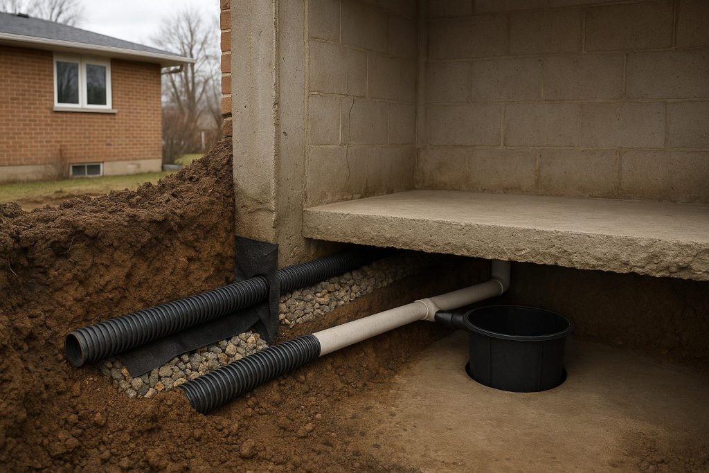 Diagram of a drain tile drain system around a residential foundation footing