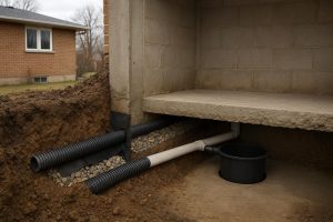 Diagram of a drain tile drain system around a residential foundation footing