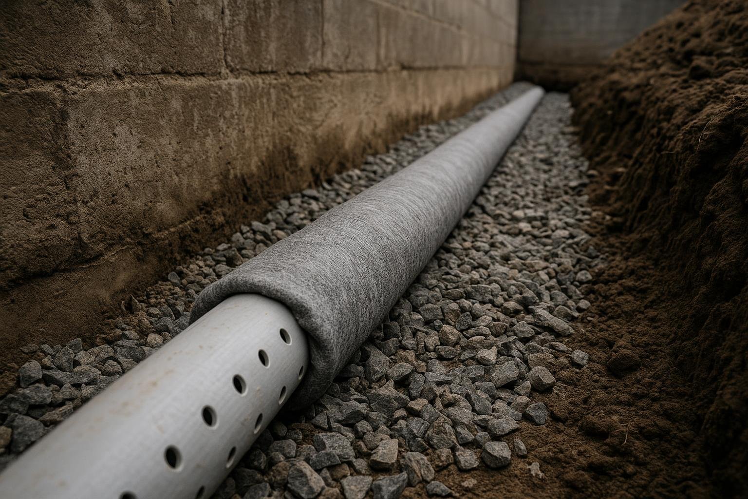 Perforated PVC drain tile pipe with filter fabric sock in gravel trench
