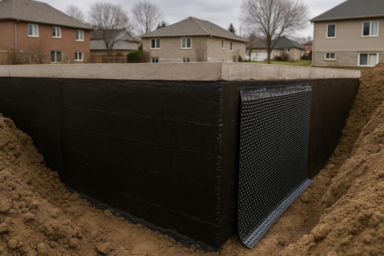 Exterior foundation wall excavated to the footing with rubberised waterproofing membrane applied