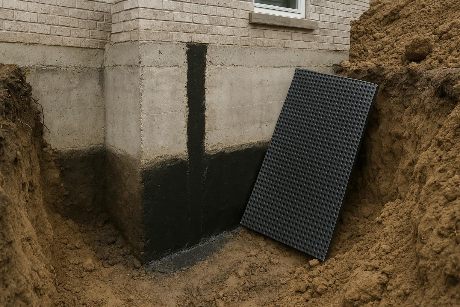 Excavated foundation wall with repaired crack and new waterproofing membrane applied