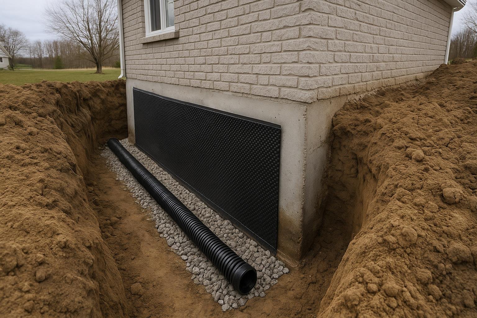 Excavated foundation trench beside a rural Ontario home showing new weeping tile and drainage board installation