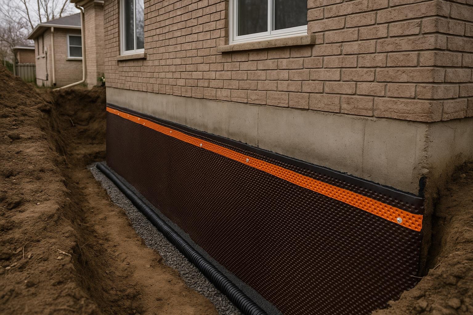 Exterior foundation excavation showing waterproof membrane and drainage board on wall