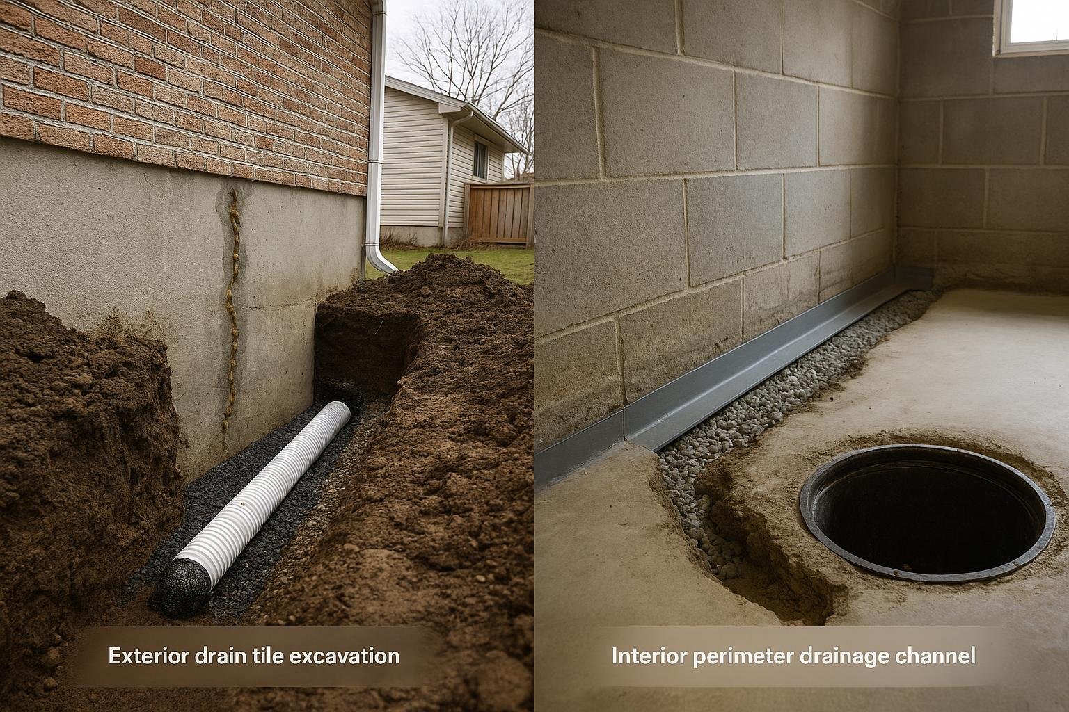 Comparison of exterior and interior drain tile drain installation positions