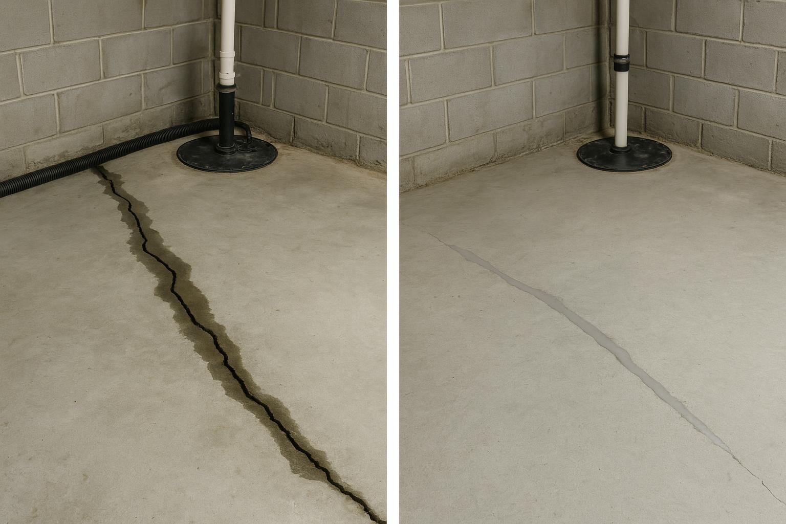 Basement floor slab crack before and after polyurethane injection repair