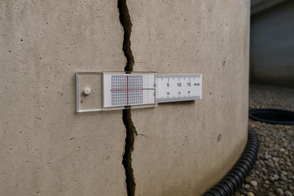 Crack monitor gauge measuring a widening vertical foundation wall crack