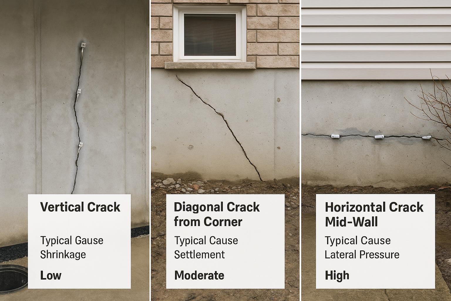Diagram of vertical diagonal and horizontal foundation crack orientations and causes
