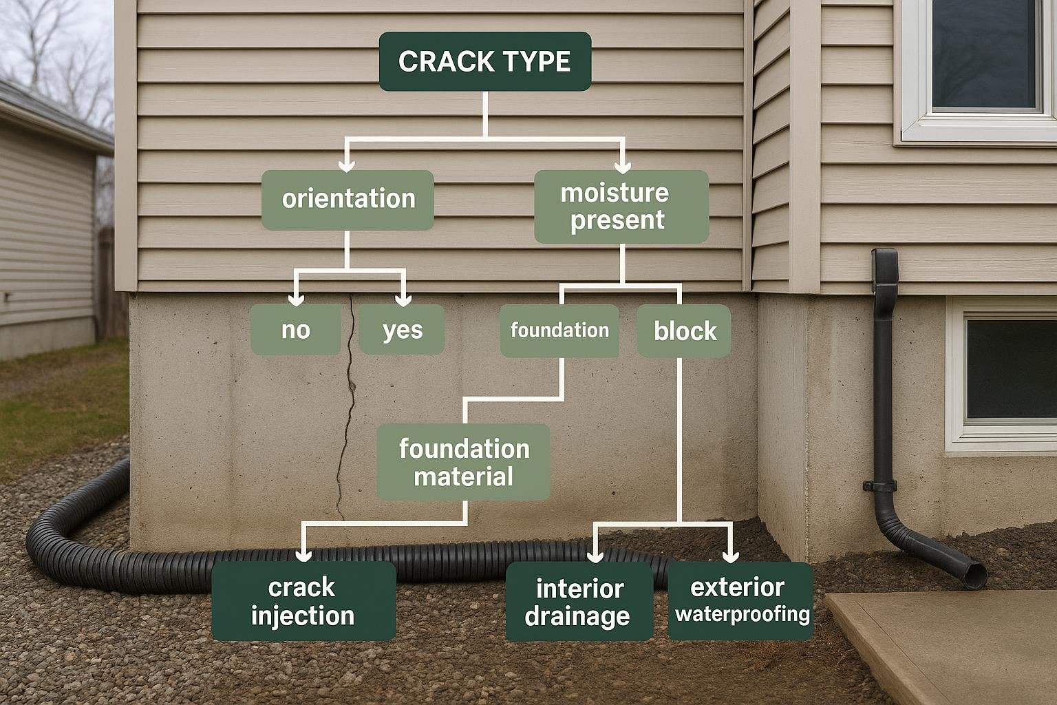 Decision flowchart for choosing a foundation crack repair method