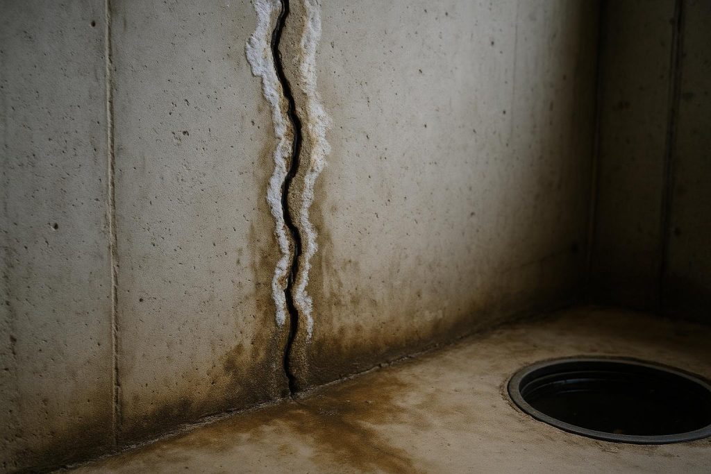 Vertical crack with moisture staining on a Hamilton poured concrete basement wall