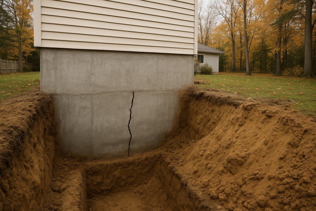 Exterior view of an Innisfil home foundation wall with a visible vertical crack before repair