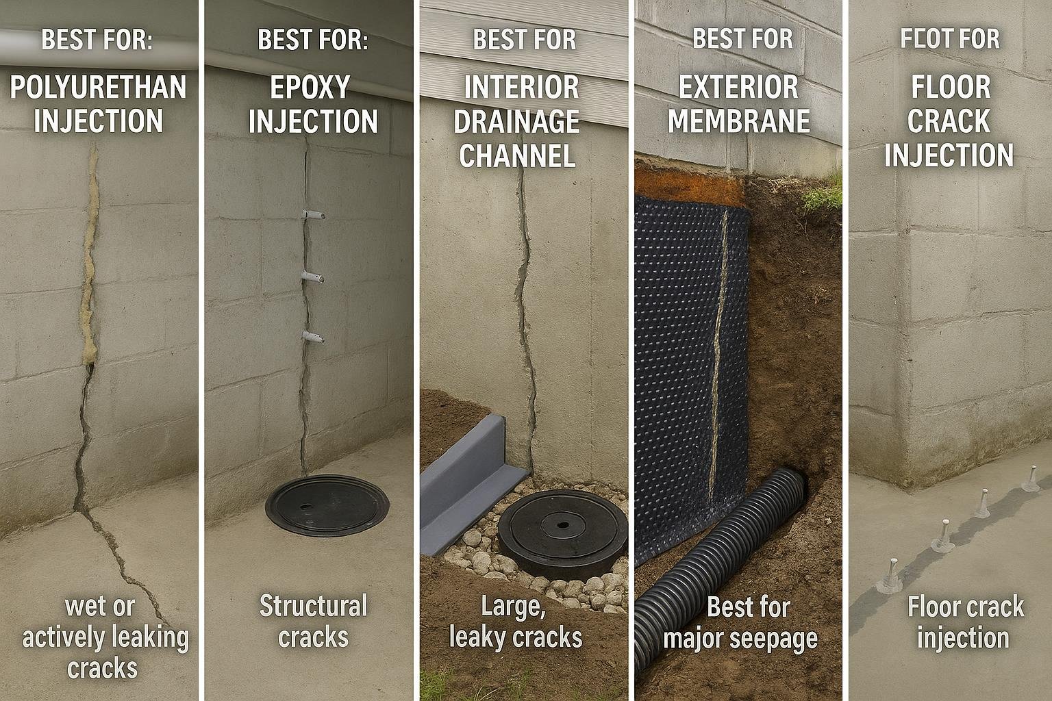 Diagram comparing six foundation crack repair methods for Hamilton basements