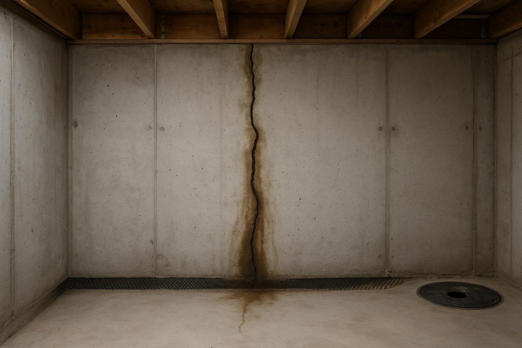 Vertical foundation crack with moisture staining on a Mississauga basement wall