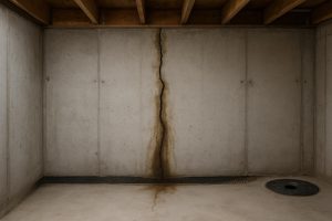 Vertical foundation crack with moisture staining on a Mississauga basement wall