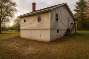 Poured concrete foundation wall with a vertical crack visible near a Simcoe County home