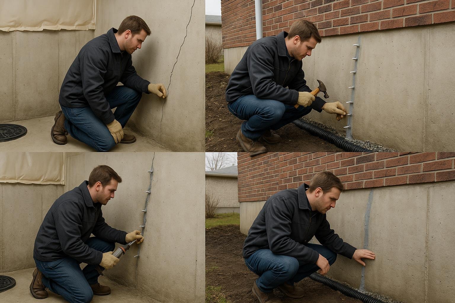 Step-by-step foundation crack injection repair process on basement wall