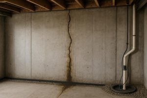 Vertical foundation crack with moisture staining on a Ramara basement wall