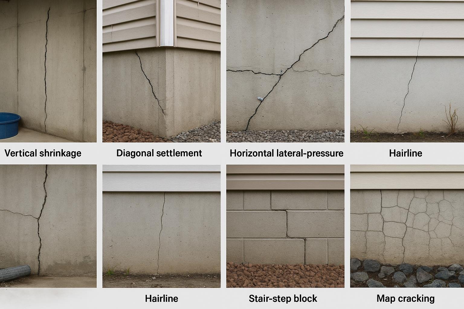 Six foundation crack types labelled on poured concrete wall diagram