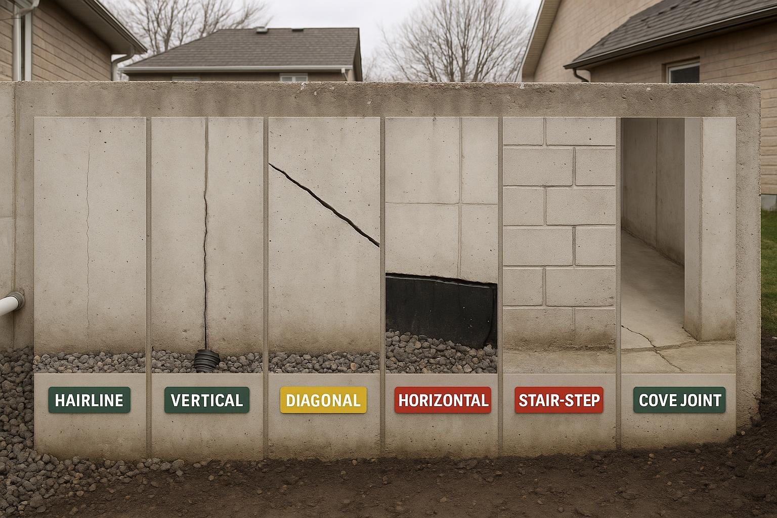 Diagram comparing seven foundation crack types by orientation and severity level