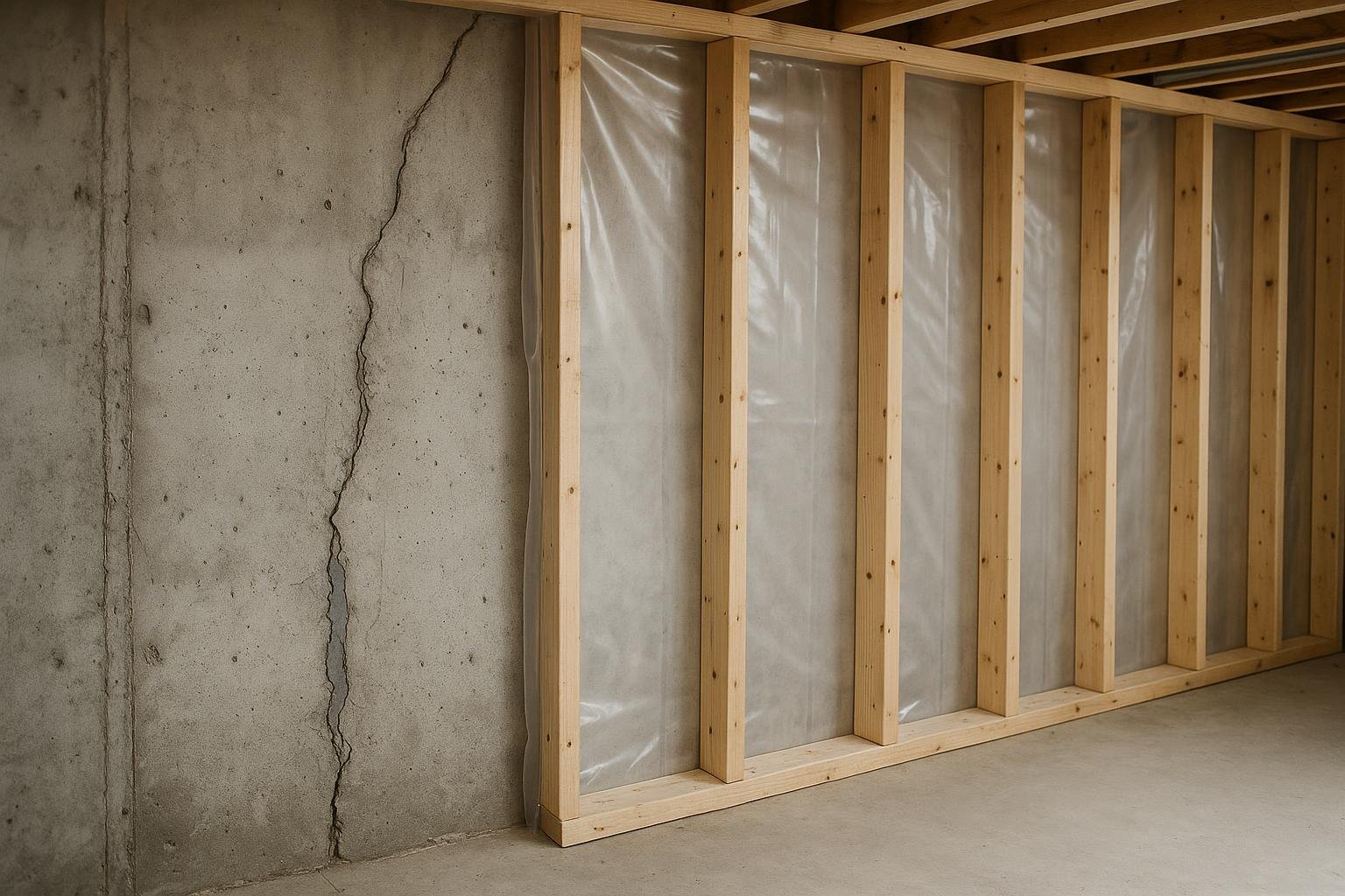Framing with vapour barrier beside repaired concrete wall in finished basement