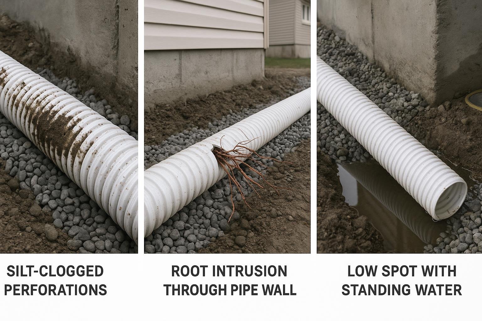 Diagram of three common French drain failure modes including root intrusion