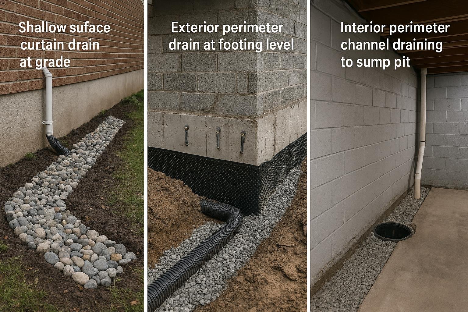 Three french drain configurations compared in a labelled side-by-side diagram