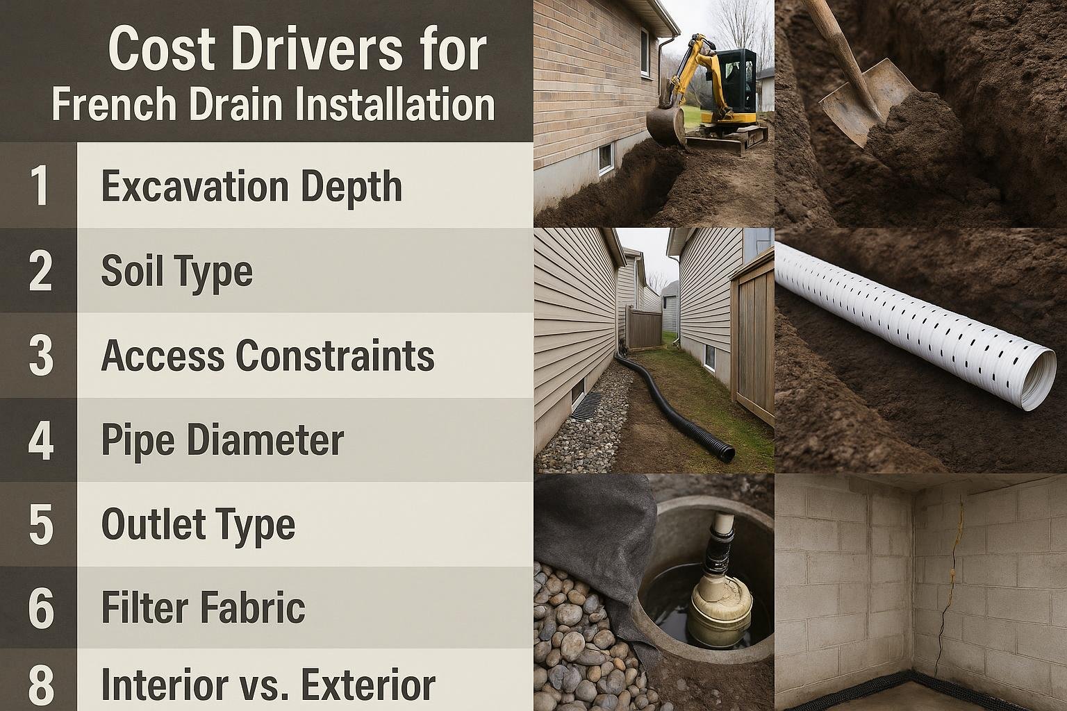 Infographic ranking eight cost drivers for french drain system installation