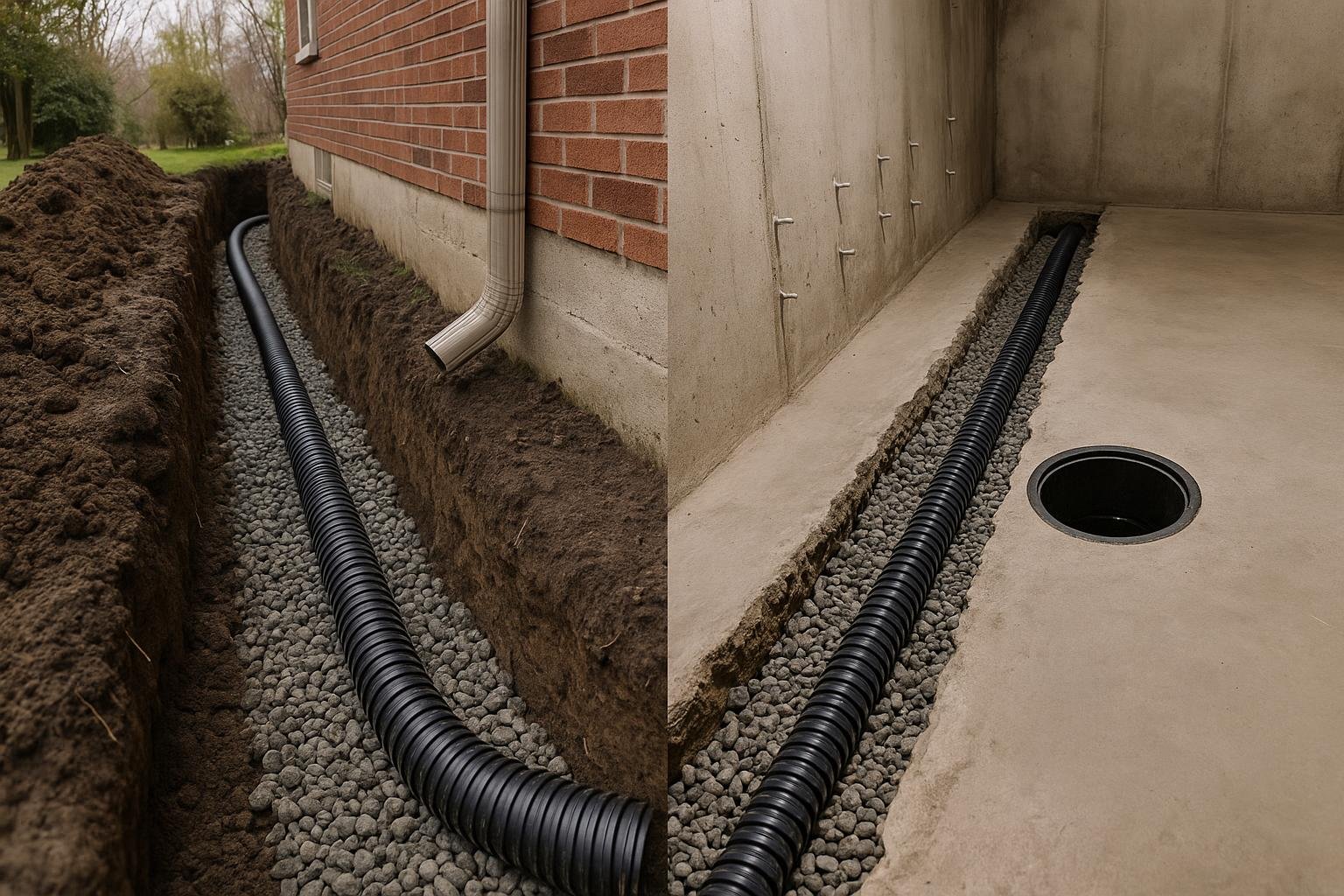 Comparison of exterior and interior French drain installation methods