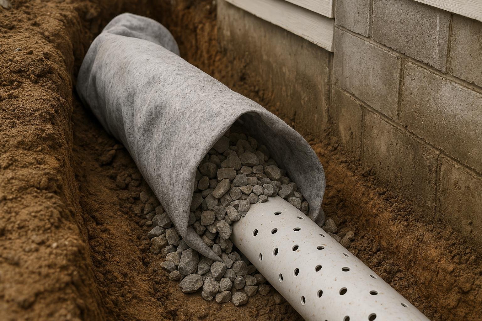 Geotextile filter fabric wrapping gravel and perforated pipe in clay soil trench