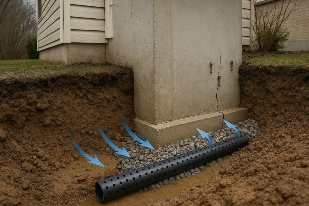 Cross-section diagram of a residential french drain system at foundation footing level